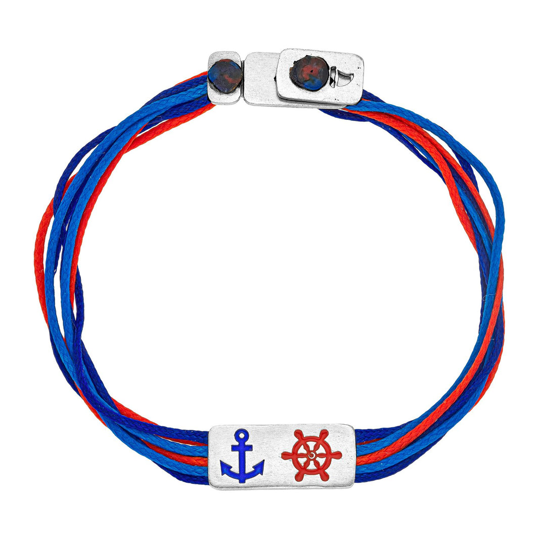 925er Silber-Armband "Steuermann" (leuchtturmrot-meeresblau) (Wachs-Cord)