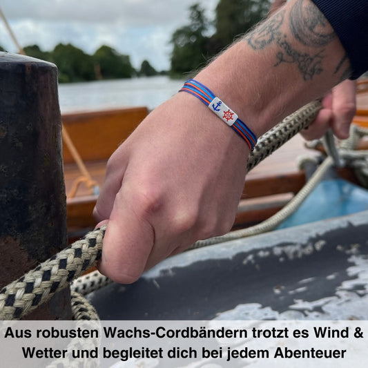 925er Silber-Armband "Steuermann" (leuchtturmrot-meeresblau) (Wachs-Cord)