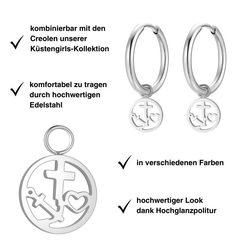 Charm für Ohrringe (Creolen) Glaube Liebe Hoffnung aus Edelstahl (Paar)