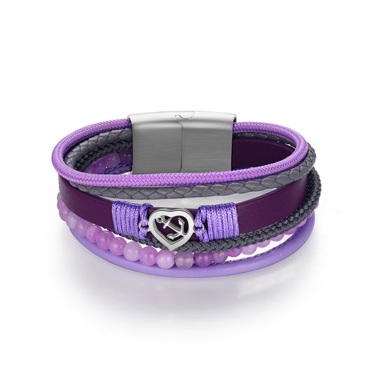 Armband Ankerliebe (Multistrang) mit Segelseil, Leder & Lila Jade