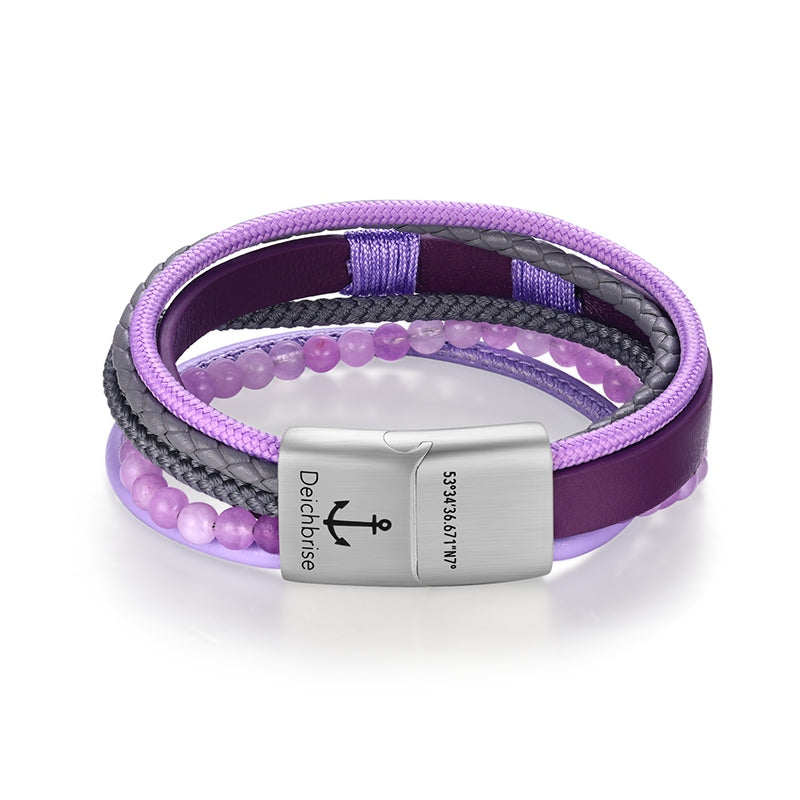 Armband Ankerliebe (Multistrang) mit Segelseil, Leder & Lila Jade