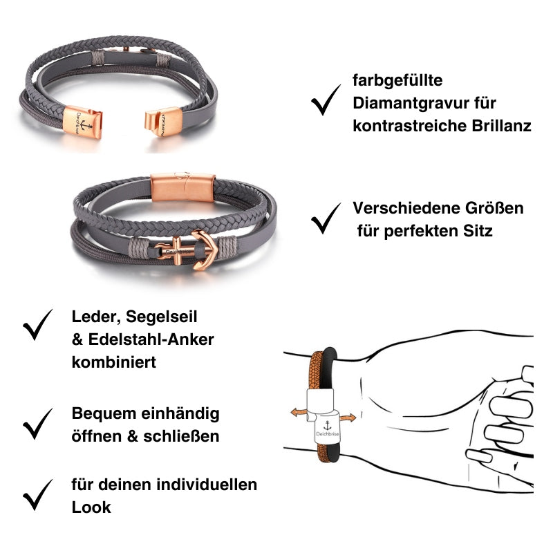 Armband Küstengirl (Multistrang) Leder & Tau mit Edelstahl Anker