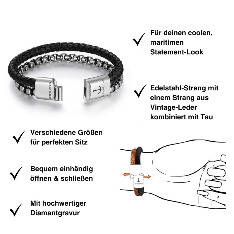 Armband Matrose (Multistrang) Edelstahl & Vintage-Leder & Tau