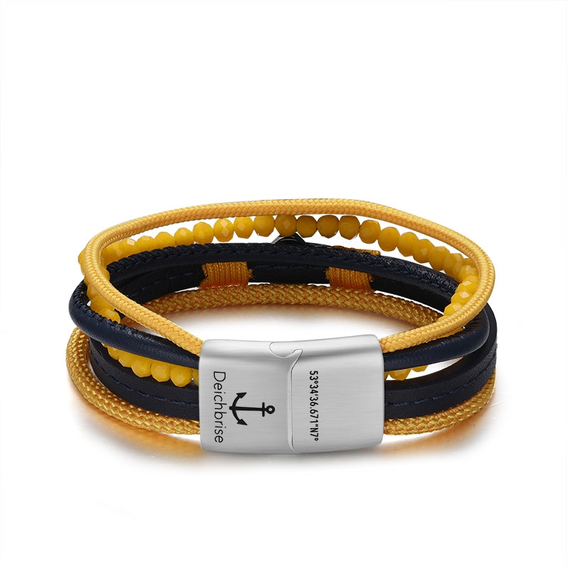 Armband Muschel (Multistrang) mit Segelseil, Leder & Glasperlen