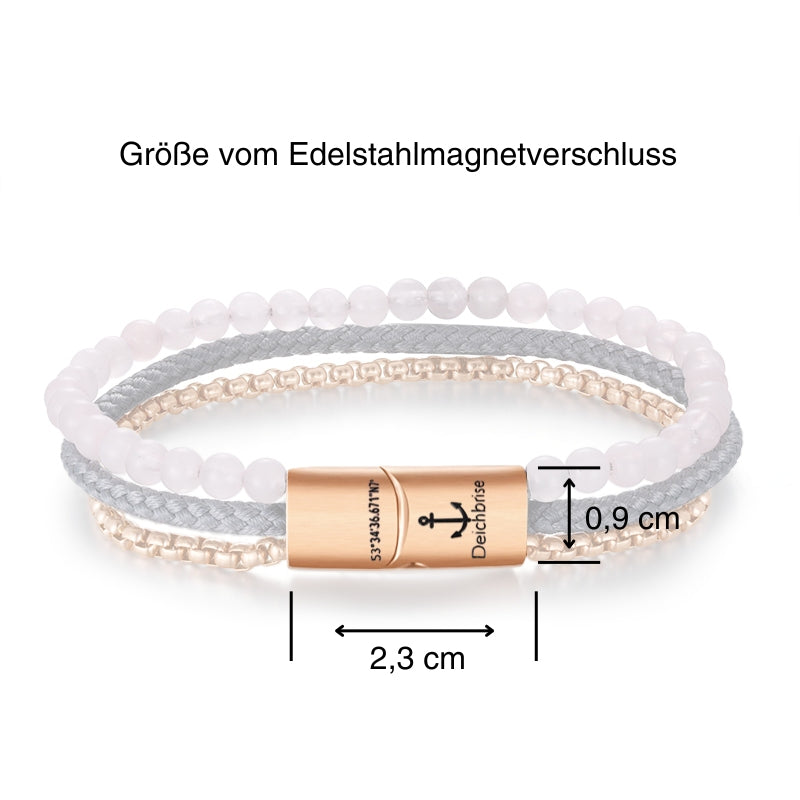 Armband Rosenquarz (Multistrang: Edelstahl, Segelseil & Rosenquarz)