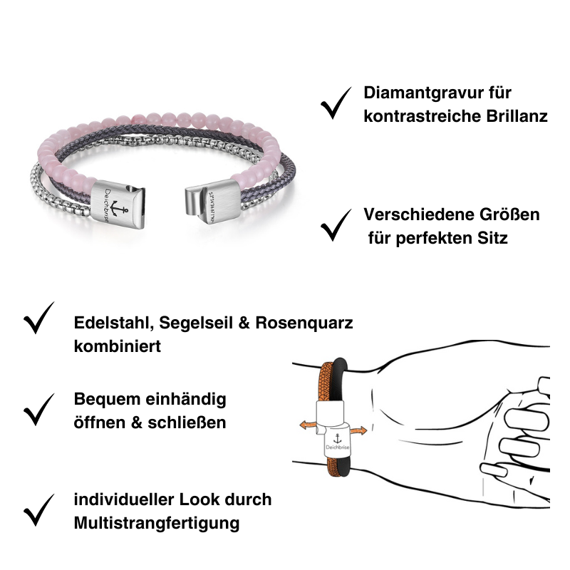 Armband Rosenquarz (Multistrang: Edelstahl, Segelseil & Rosenquarz)