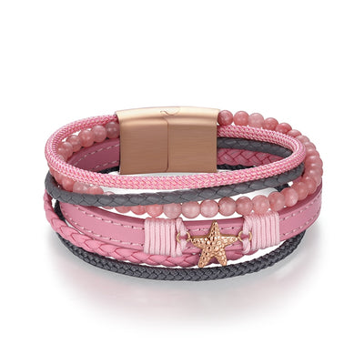 Armband Seestern (Multistrang) mit Segelseil, Leder & Pink Jade