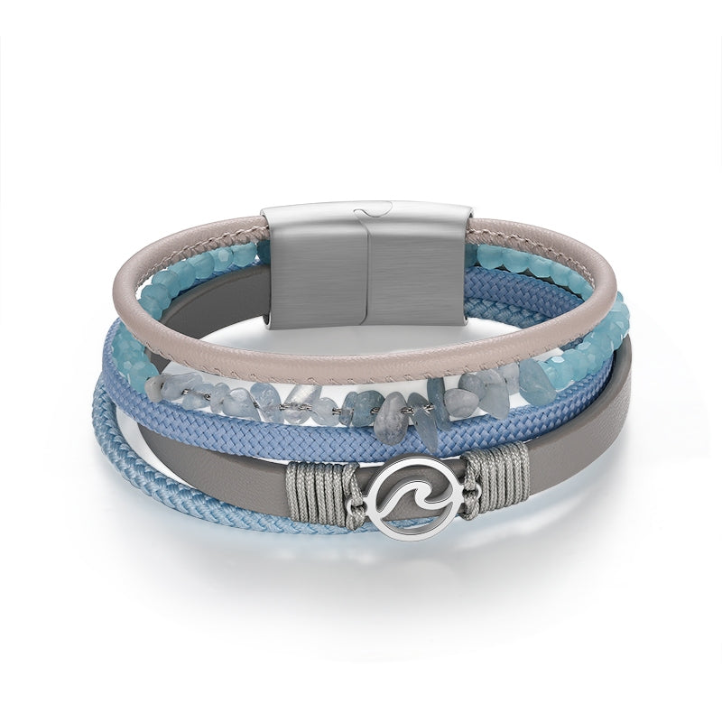 Armband Welle (Multistrang) mit Segelseil, Leder & Glasperlen