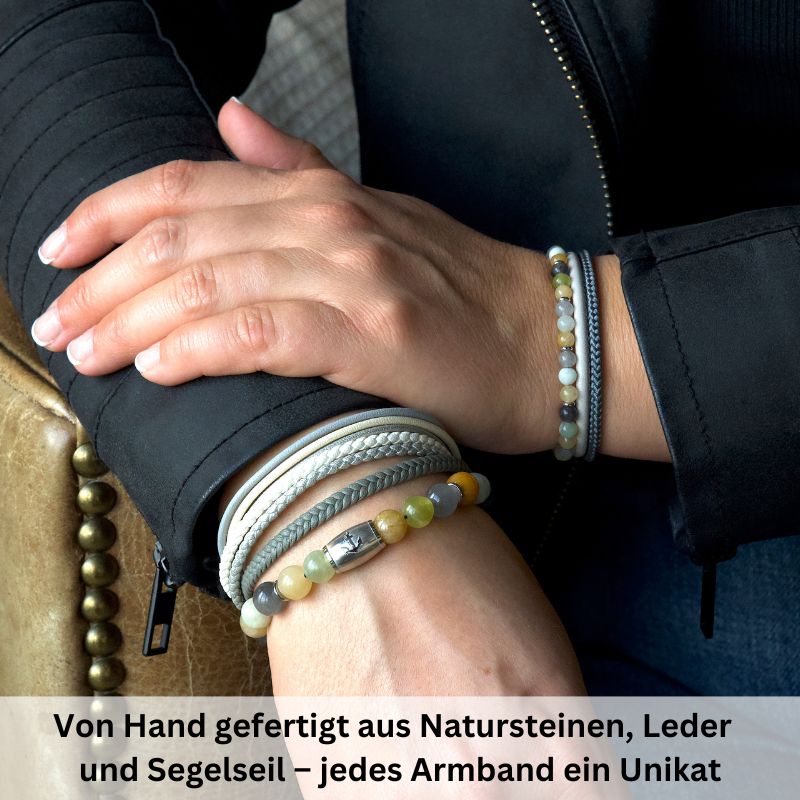 Armband Joleen (Multistrang) Leder, Segelseil, Quarz Kristall, Jade & Edelstahl Beads