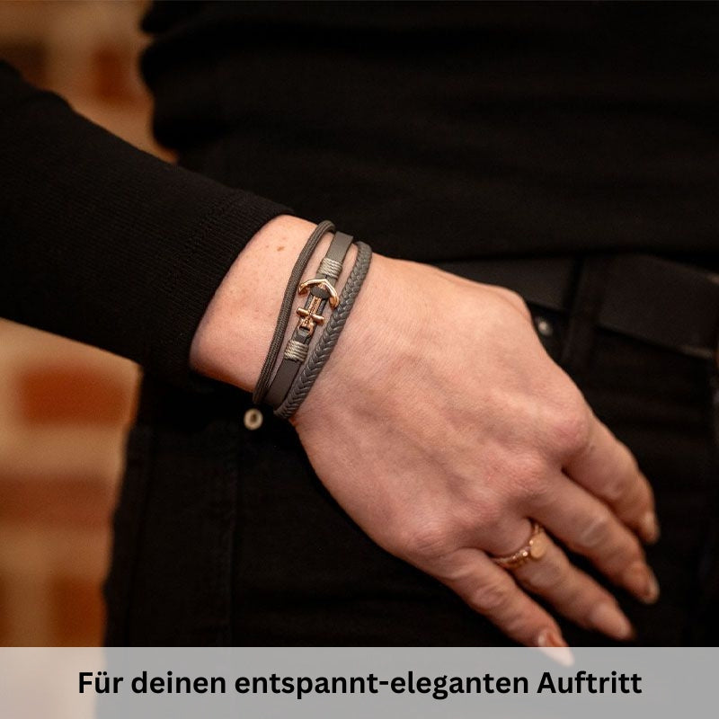 Armband Küstengirl (Multistrang) Leder & Tau mit Edelstahl Anker