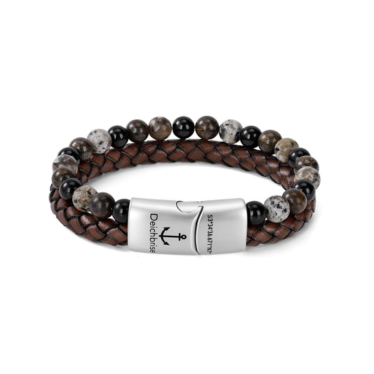Armband Meerbrise (Multistrang) Leder, Onyx, Bronzit & Feuerstein