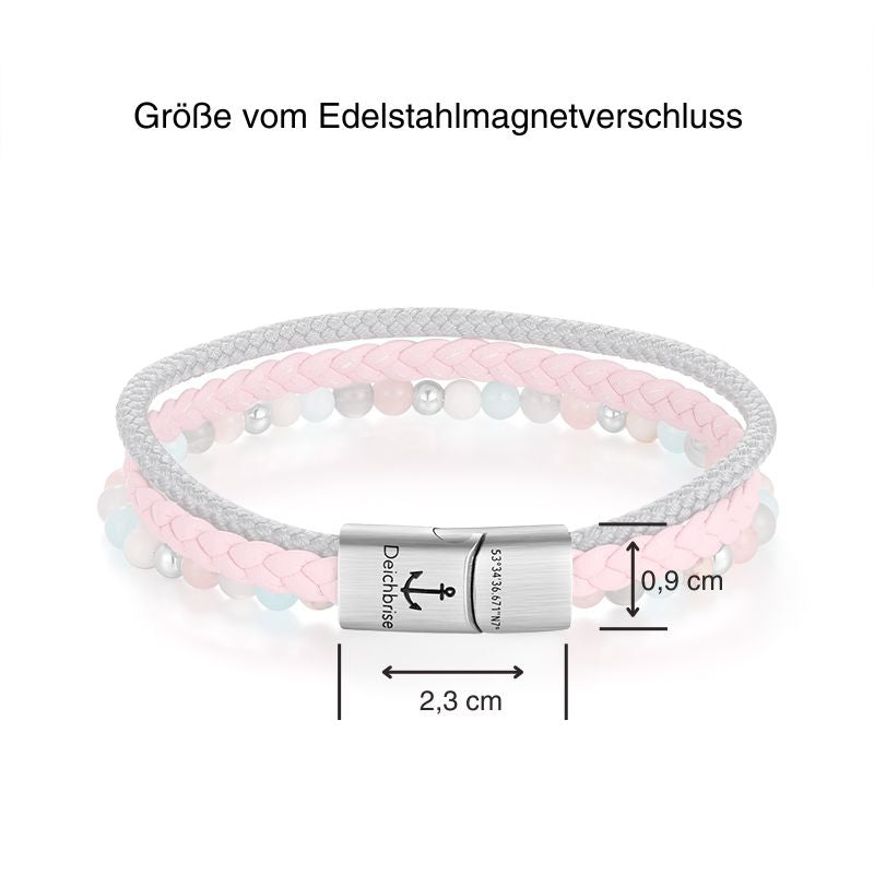 Armband Pellworm 2 (Multistrang) Leder, Segelseil, Pink Jade, Quarz-Kristall & Roter Netz Jaspis