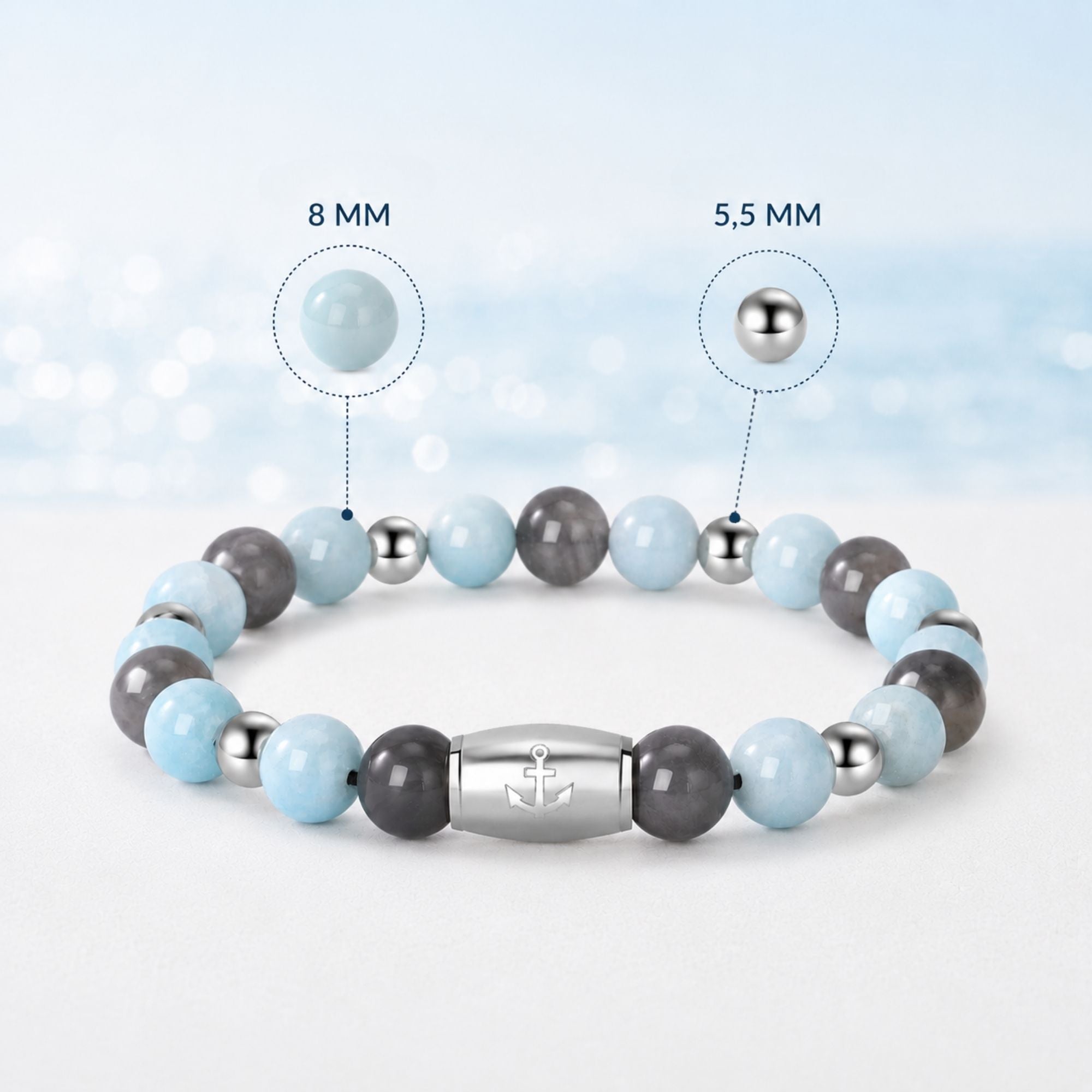 Armband Camp de Mar aus Edelstahl, Amazonit Jade & Wolkenquarz-Kristall