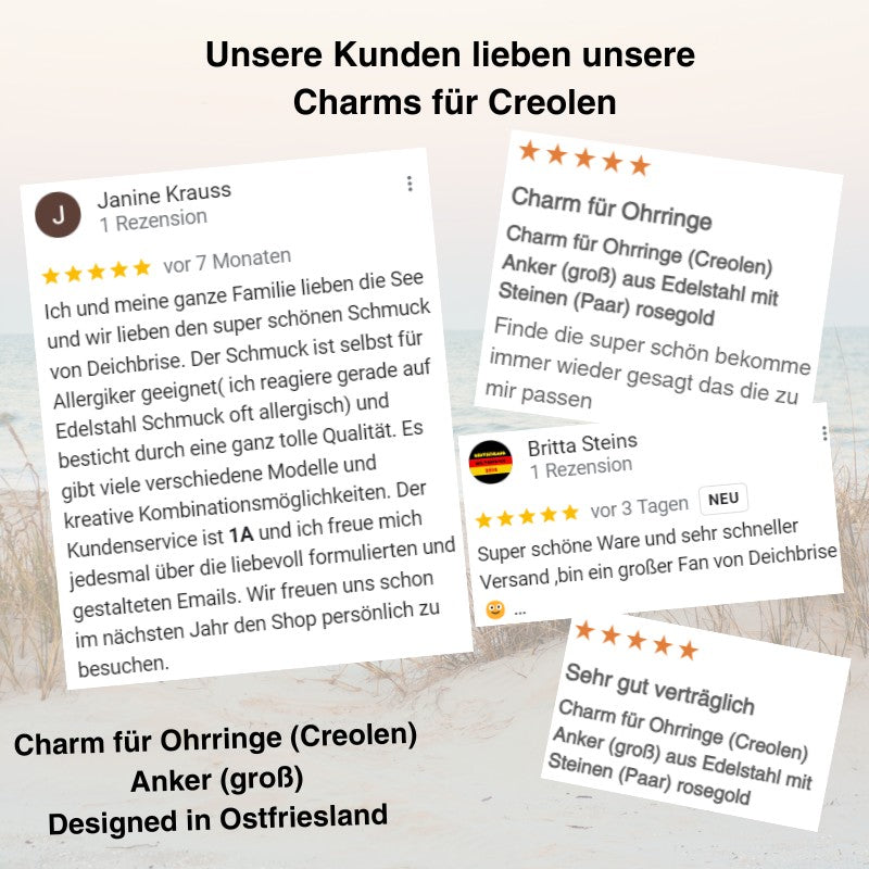 Charm für Ohrringe (Creolen) Anker (groß) aus Edelstahl mit Steinen (Paar)