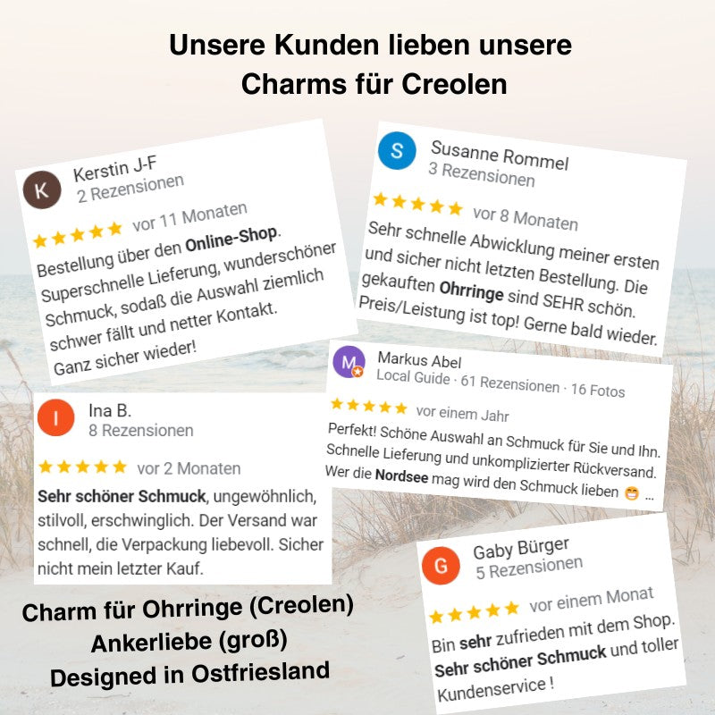 Charm für Ohrringe (Creolen) Ankerliebe (groß) aus Edelstahl mit Steinen (Paar)