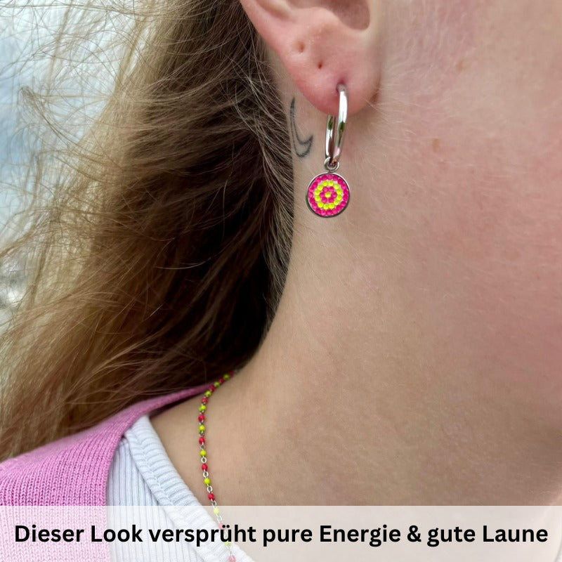 Charm für Ohrringe (Creolen) Bling Bling (neongelb-pink) (groß) aus Edelstahl (Paar)