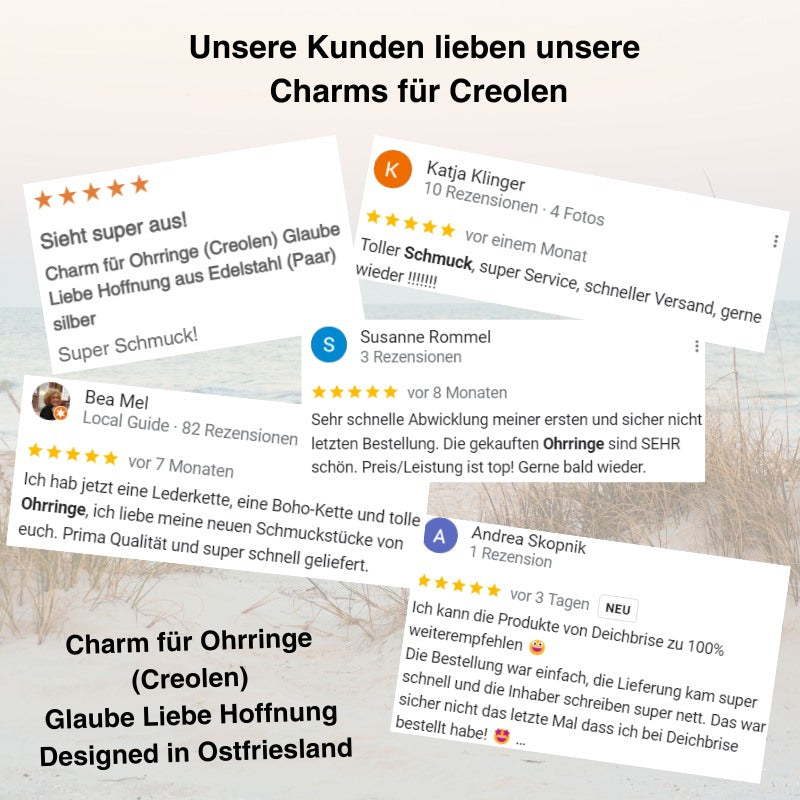 Charm für Ohrringe (Creolen) Glaube Liebe Hoffnung aus Edelstahl (Paar)
