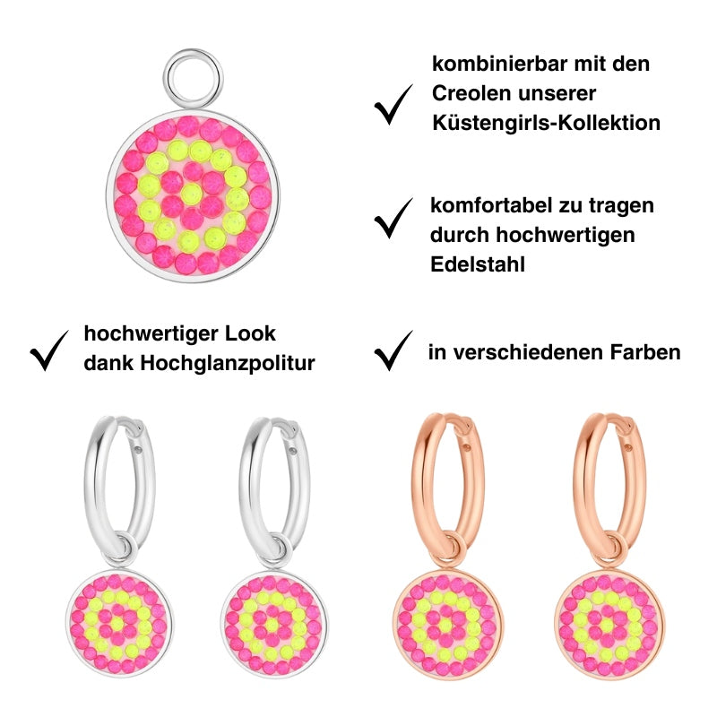 Charm für Ohrringe (Creolen) Bling Bling (neongelb-pink) (groß) aus Edelstahl (Paar)