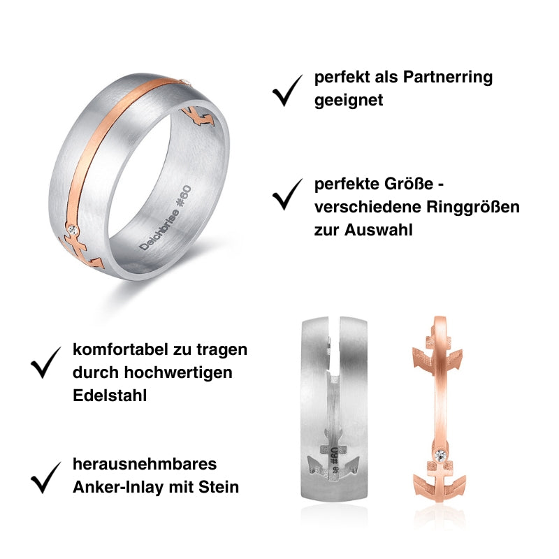 Damen-Ring aus Edelstahl mit Anker-Inlay und Stein