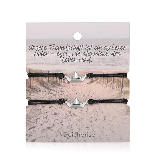 Freundschaftsarmbänder Papierschiffchen (2 Stück) aus Wachs-Seil & Edelstahl