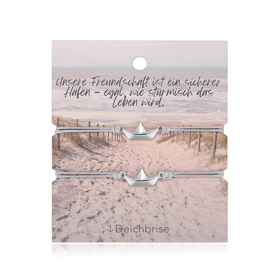 Freundschaftsarmbänder Papierschiffchen (2 Stück) aus Wachs-Seil & Edelstahl