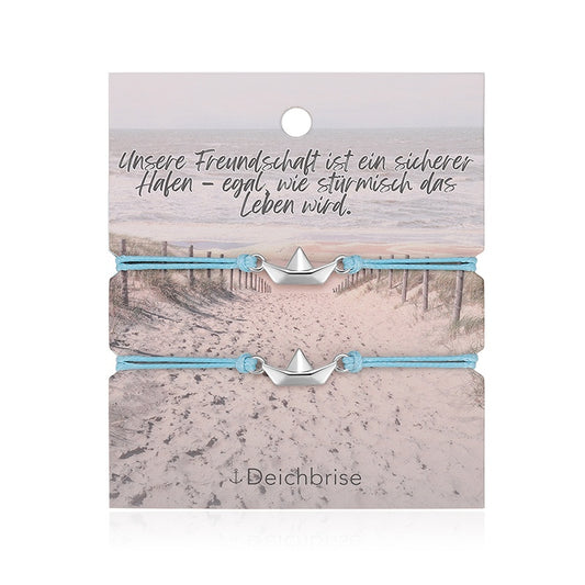 Freundschaftsarmbänder Papierschiffchen (2 Stück) aus Wachs-Seil & Edelstahl