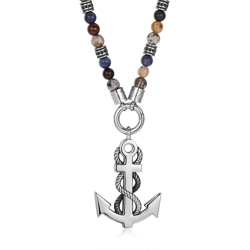 Kette Meereswellen (6mm) Achat, Feuerstein, Sodalith & Edelstahl-Beads (mit Rund-Karabiner)