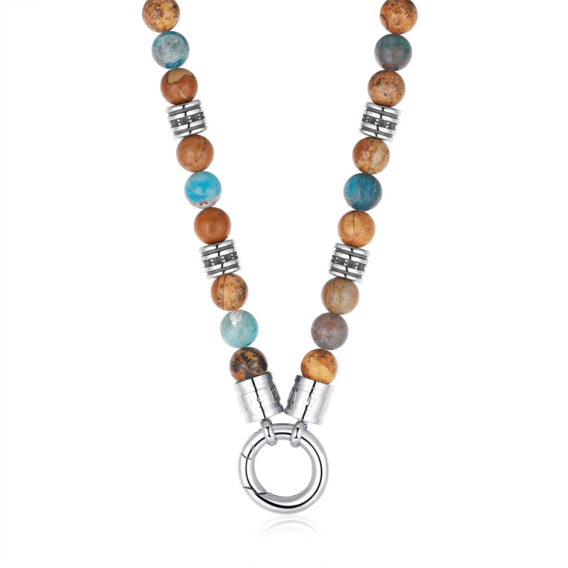 Kette Cala Mendia mit Picture Jasper, Apaptit und Edelstahl-Beads (mit Rund-Karabiner)