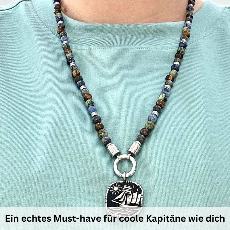 Kette Dünenlicht mit 4 Echtsteinen und Edelstahl-Beads (mit Rund-Karabiner)