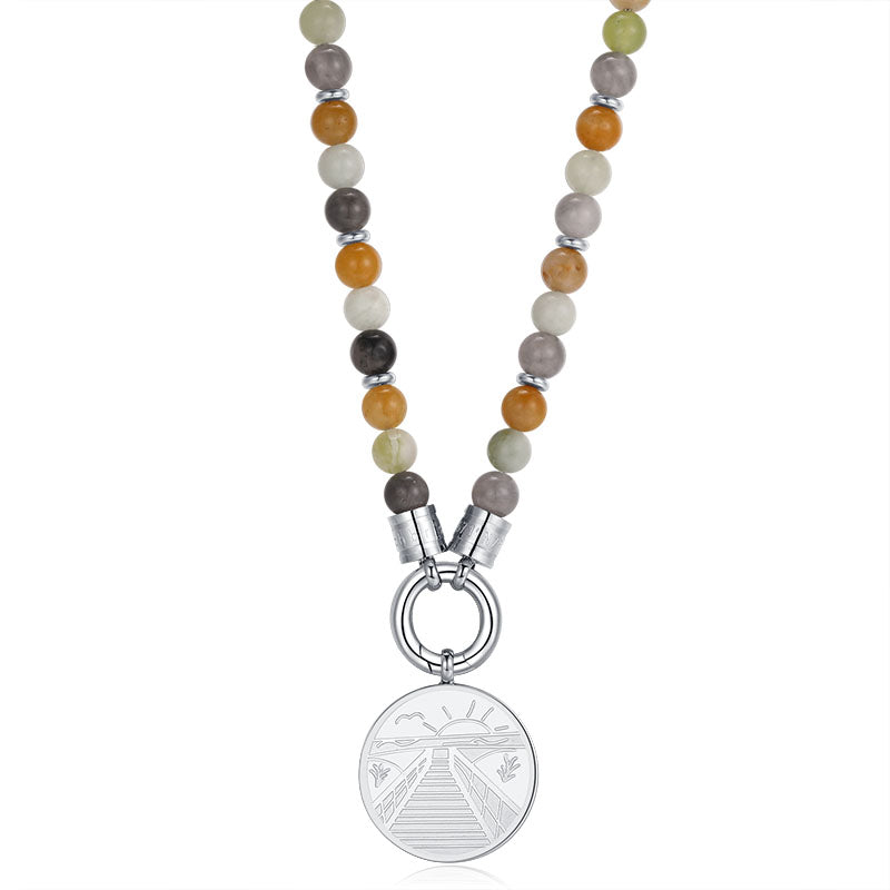 Kette Joleen (6mm) mit Quarz Kristall, Gelbe Jade, Hellgrüne Jade und Edelstahl-Beads (mit Rund-Karabiner)