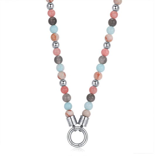 Kette Pellworm (6mm) mit Pink Jade, Quarz-Kristall, Roter Netz Jaspis und Edelstahl-Beads (mit Rund-Karabiner)