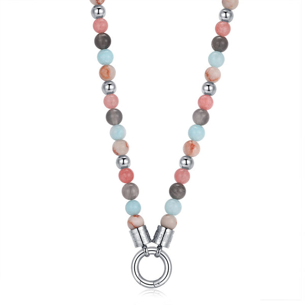 Kette Pellworm (6mm) mit Pink Jade, Quarz-Kristall, Roter Netz Jaspis und Edelstahl-Beads (mit Rund-Karabiner)
