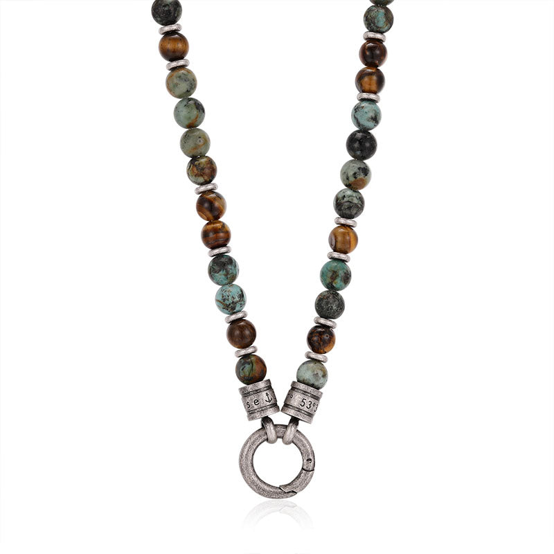 Kette Playa Beach (6mm) African Turquoise, Tiger Eye & Edelstahl-Beads (mit Rund-Karabiner)