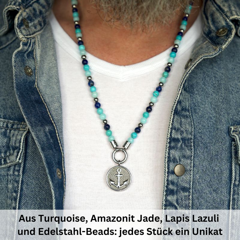 Kette Blue Playa mit Turquoise, Amazonit Jade, Lapis Lazuli und Edelstahl-Beads (mit Rund-Karabiner)