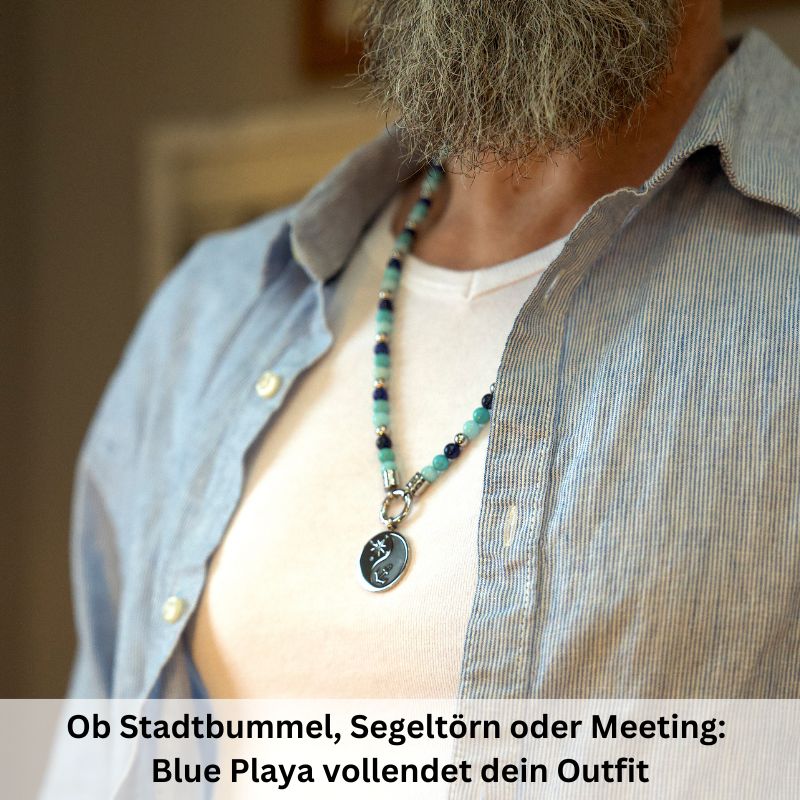 Kette Blue Playa mit Turquoise, Amazonit Jade, Lapis Lazuli und Edelstahl-Beads (mit Rund-Karabiner)