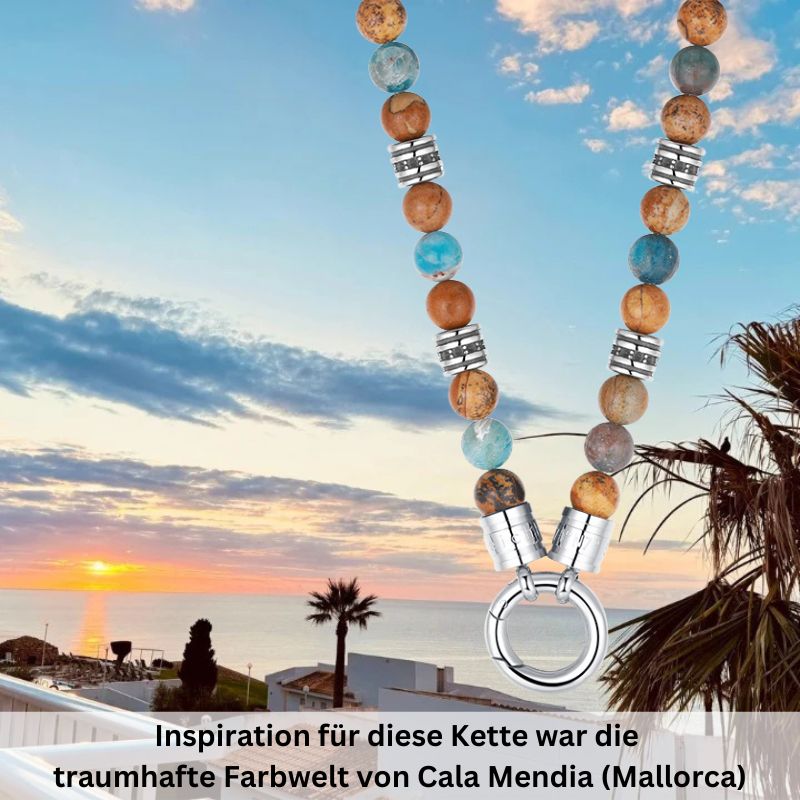 Kette Cala Mendia mit Picture Jasper, Apaptit und Edelstahl-Beads (mit Rund-Karabiner)
