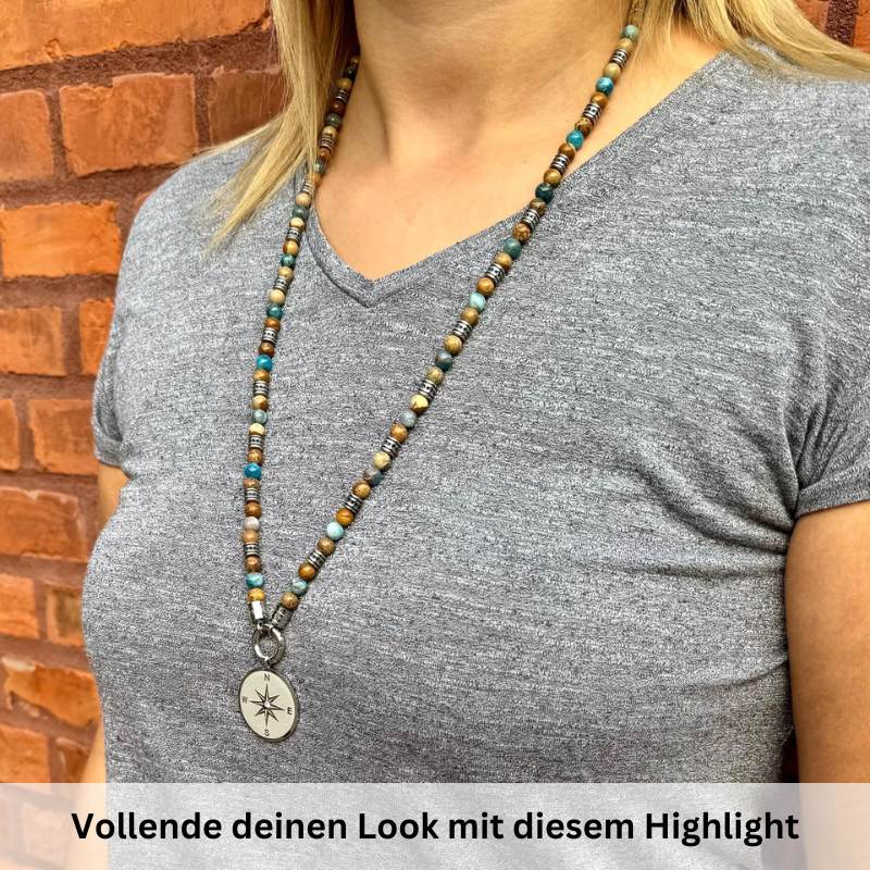 Kette Cala Mendia mit Picture Jasper, Apaptit und Edelstahl-Beads (mit Rund-Karabiner)