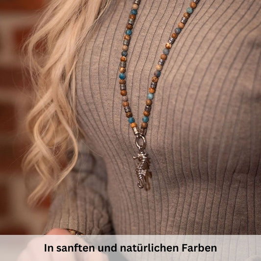 Kette Cala Mendia mit Picture Jasper, Apaptit und Edelstahl-Beads (mit Rund-Karabiner)