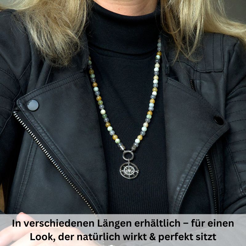 Kette Joleen (6mm) mit Quarz Kristall, Gelbe Jade, Hellgrüne Jade und Edelstahl-Beads (mit Rund-Karabiner)