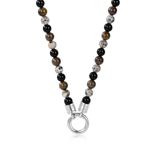 Kette Meerbrise 6mm aus Onyx, Bronzit & Feuerstein (Rund-Karabiner)
