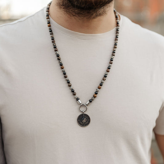 Kette Meerbrise 6mm aus Onyx, Bronzit & Feuerstein (Rund-Karabiner)