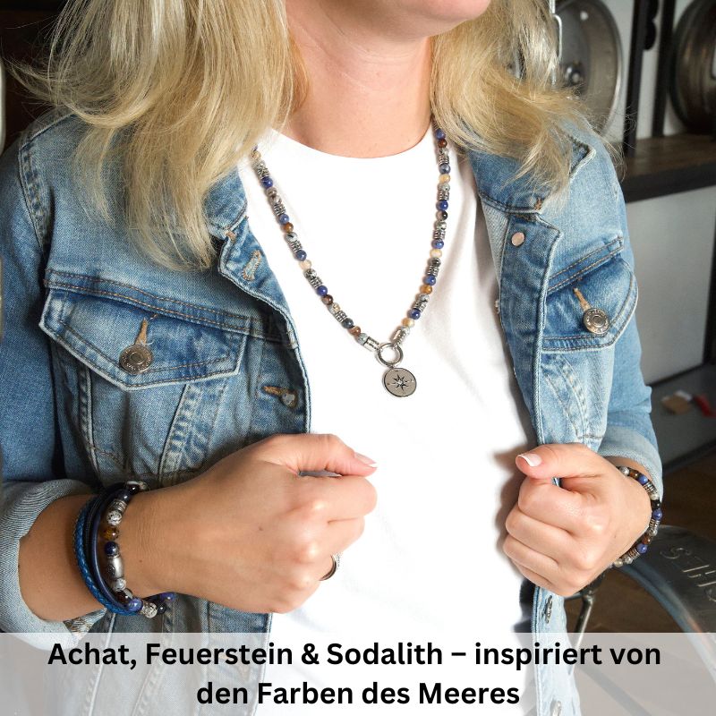 Kette Meereswellen (6mm) Achat, Feuerstein, Sodalith & Edelstahl-Beads (mit Rund-Karabiner)