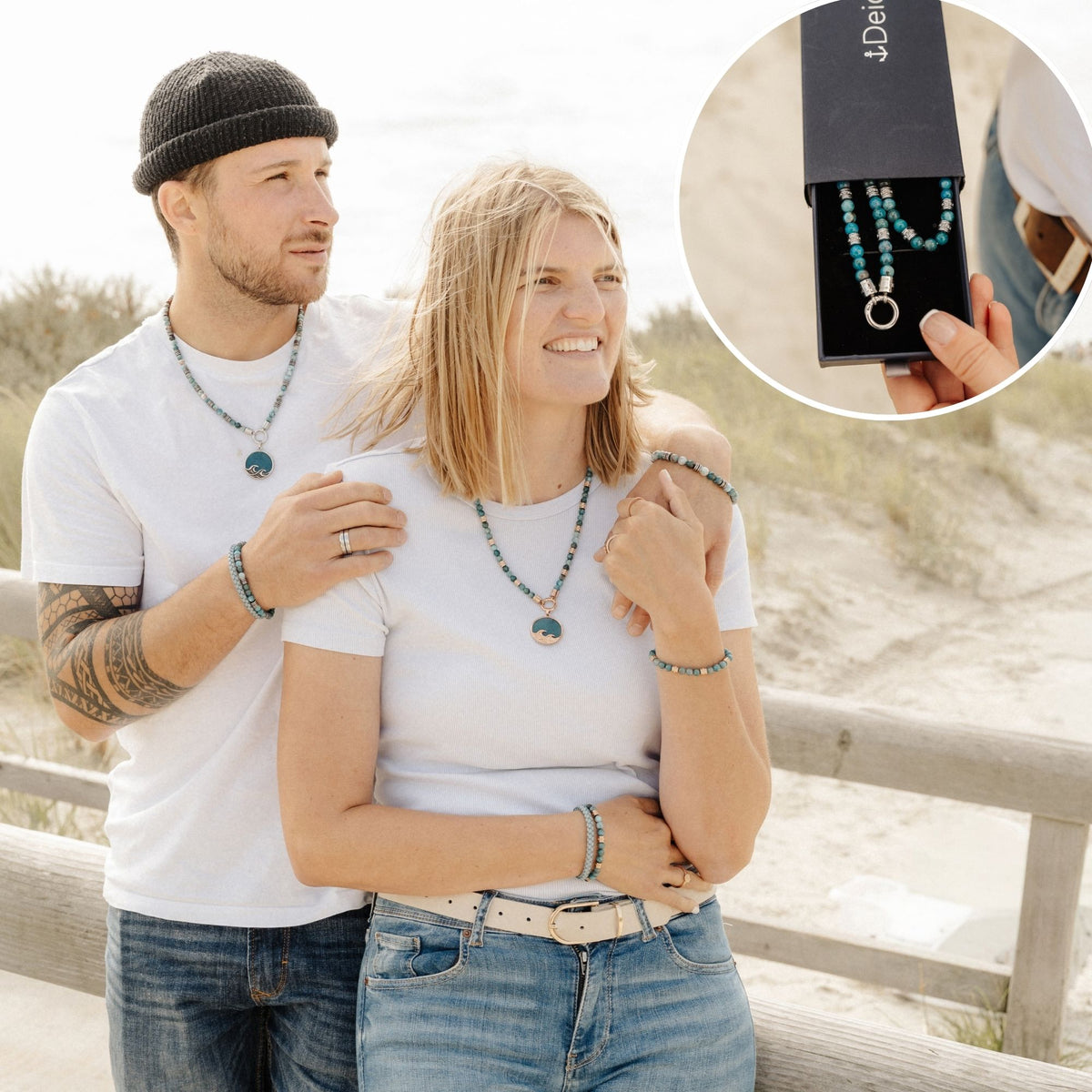 Kette Ocean Line (6mm) mit blauem Apatit & Edelstahl-Beads (mit Rund-Karabiner)