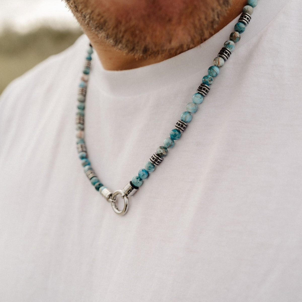 Kette Ocean Line (6mm) mit blauem Apatit & Edelstahl-Beads (mit Rund-Karabiner)