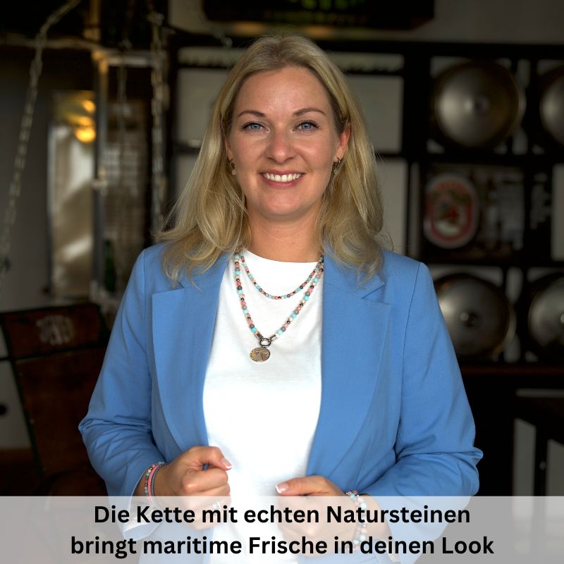 Kette Pellworm (6mm) mit Pink Jade, Quarz-Kristall, Roter Netz Jaspis und Edelstahl-Beads (mit Rund-Karabiner)