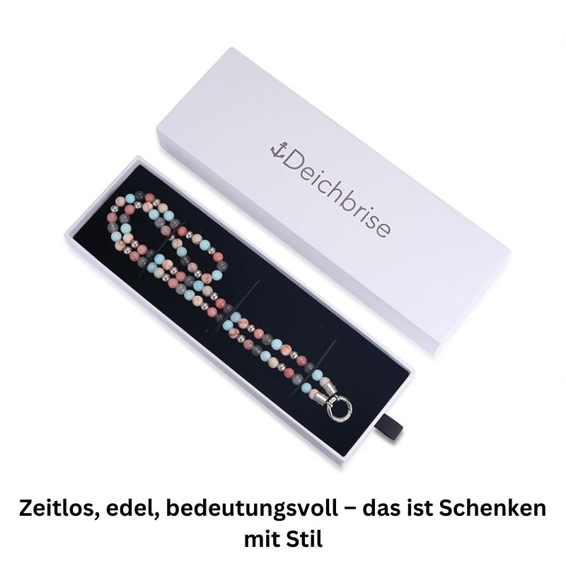 Kette Pellworm (6mm) mit Pink Jade, Quarz-Kristall, Roter Netz Jaspis und Edelstahl-Beads (mit Rund-Karabiner)