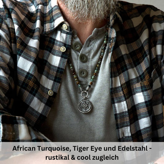 Kette Playa Beach (6mm) African Turquoise, Tiger Eye & Edelstahl-Beads (mit Rund-Karabiner)