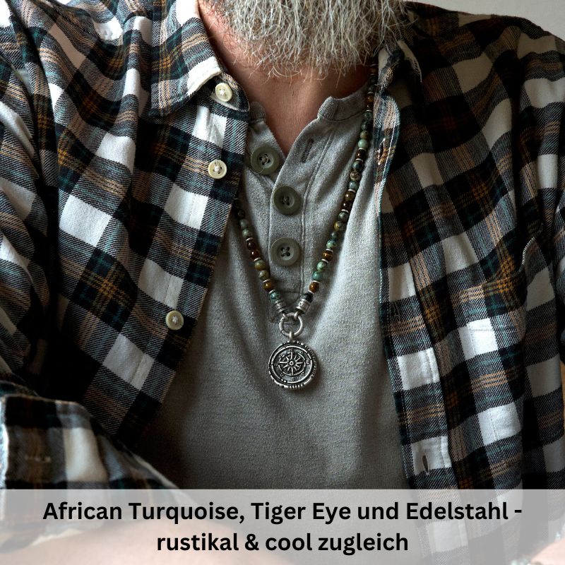 Kette Playa Beach (6mm) African Turquoise, Tiger Eye & Edelstahl-Beads (mit Rund-Karabiner)