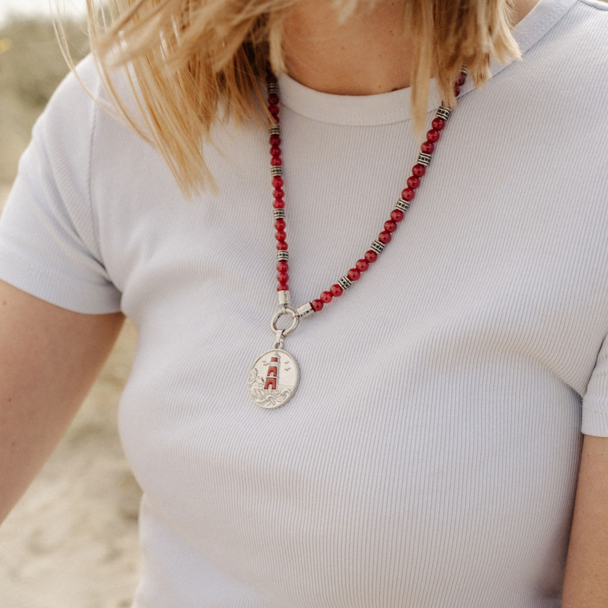 Kette Red Bay (6mm) mit Roter Jade und Edelstahl-Beads (mit Rund-Karabiner)