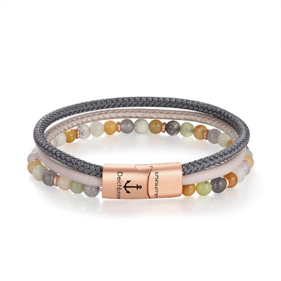 Armband Joleen (Multistrang) Leder, Segelseil, Quarz Kristall, Jade & Edelstahl Beads